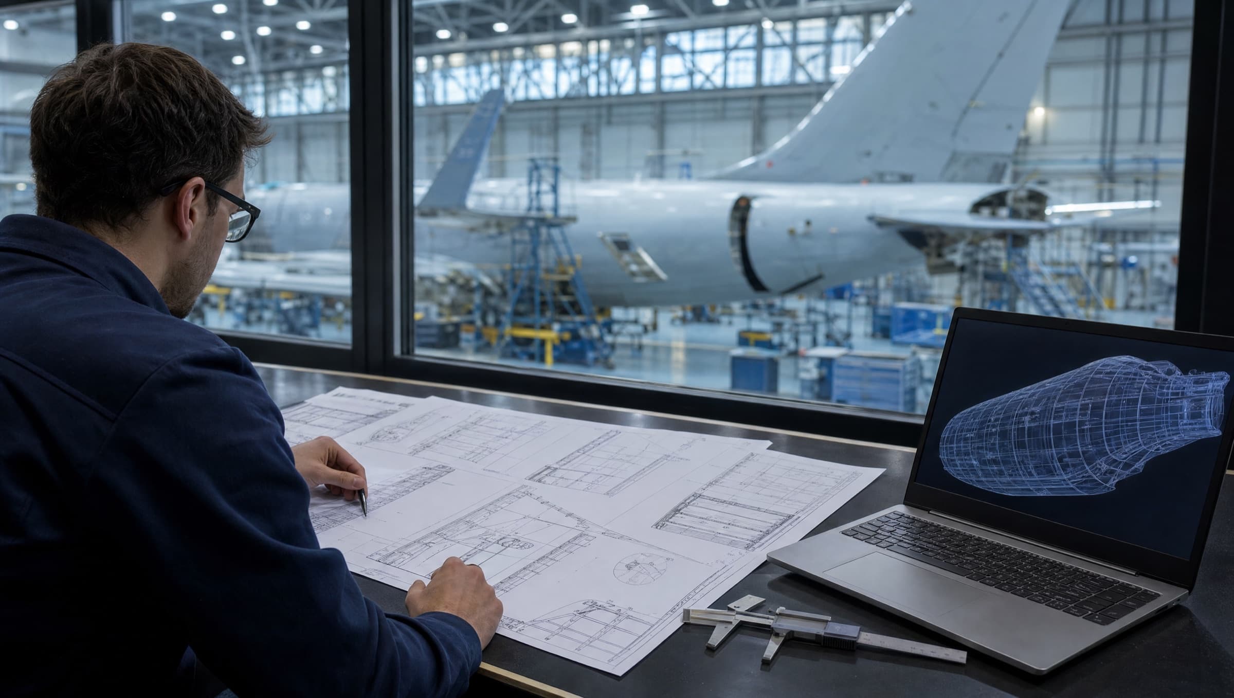 Design engineer with structural repair drawings and a CAD model, hangar visible through the window