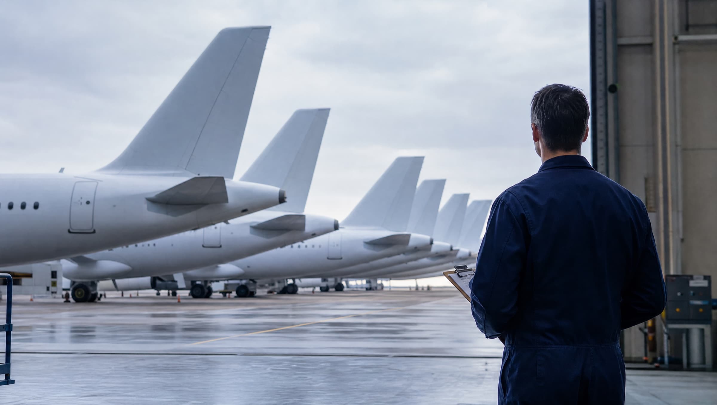 Engineer with a clipboard looking over a row of aircraft tails on the apron