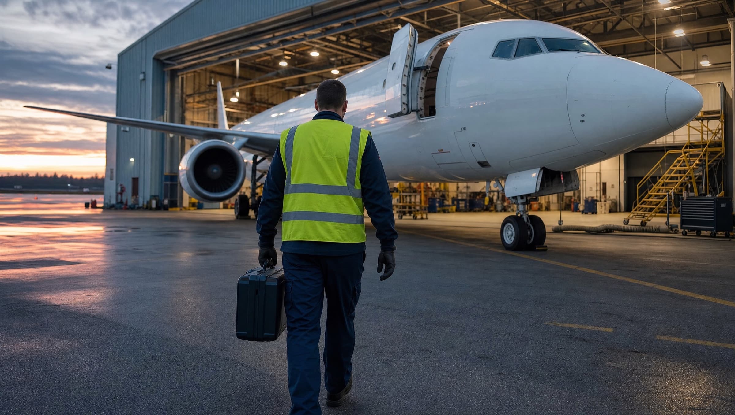 Technician in hi-vis carrying a toolbox toward an aircraft on the apron at dawn