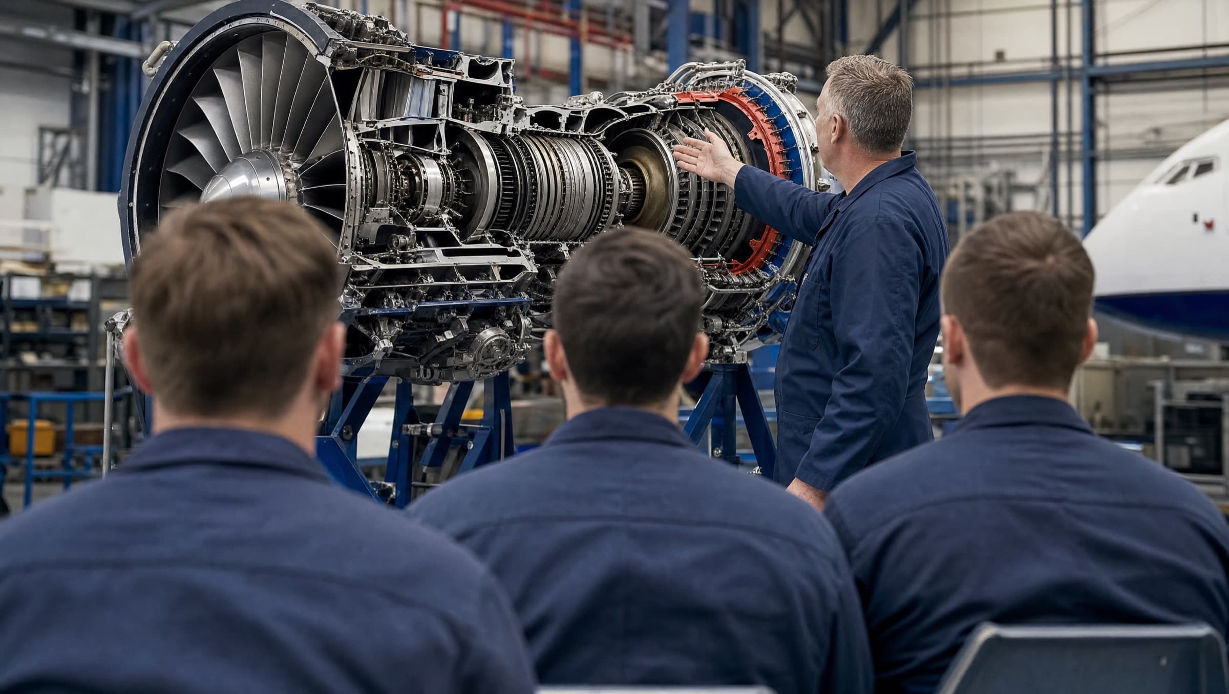 Instructor explaining a sectioned turbine engine to trainees in a technical classroom
